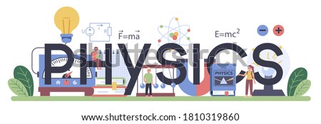 Physics school subject typographic header. Scientist explore electricity, magnetism, light wave and forces. Theoretical and practical study. Physics lesson and experiment. Isolated vector illustration