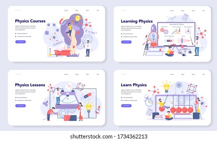 Physics school subject web banner or landing page set. Scientist explore electricity, magnetism, light wave and forces. Theoretical and practical study. Physics course and lesson. Vector illustration