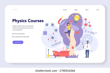 Physics school subject web banner or landing page. Scientist explore electricity, magnetism, light wave and forces. Theoretical and practical study. Physics course and lesson. Vector illustration