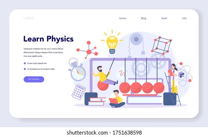 Physics school subject web banner or landing page. Scientist explore electricity, magnetism, light wave and forces. Theoretical and practical study. Physics course and lesson. Vector illustration