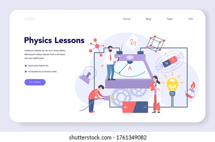 Physics school subject web banner or landing page. Scientist explore electricity, magnetism, light wave and forces. Theoretical and practical study. Physics course and lesson. Vector illustration