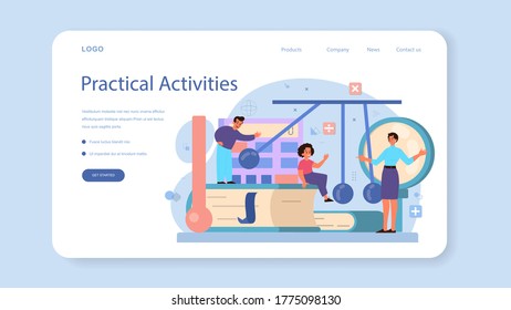 Physics school subject web banner or landing page. Scientist explore electricity, magnetism, light wave and forces. Physics course and lesson. Isolated vector illustration