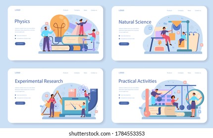 Physics school subject web banner or landing page set. Scientist explore electricity, magnetism, light wave and forces. Physics course and lesson. Isolated vector illustration