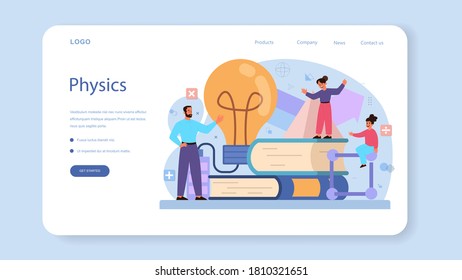 Physics school subject web banner or landing page. Scientist explore electricity, magnetism, light wave and forces. Physics course and lesson. Isolated vector illustration