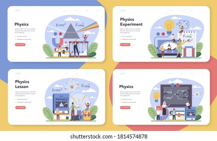 Physics school subject web banner or landing page set. Scientist explore electricity, magnetism, light wave and forces. Physics lesson and experiment. Vector illustration