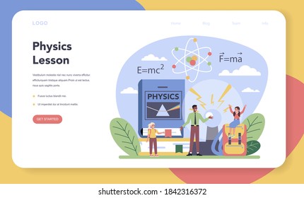 Physics school subject web banner or landing page. Scientist explore electricity, magnetism, light wave and forces. Physics lesson and experiment. Vector illustration