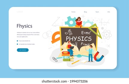 Physics school subject web banner or landing page. Scientist explore electricity, magnetism, light wave and forces. Theoretical and practical study. Isolated vector illustration