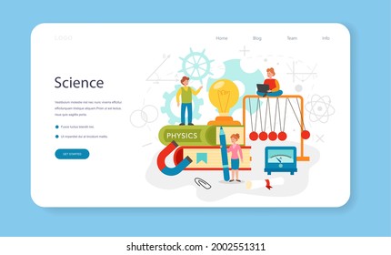 Physics school subject web banner or landing page. Scientist explore electricity, magnetism, light wave and forces. Theoretical and practical study. Isolated vector illustration