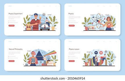 Physics school subject web banner or landing page set. Students explore electricity, magnetism, light wave and forces. Theoretical and practical study. Physics course. Flat vector illustration