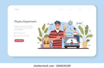 Physics school subject web banner or landing page. Students explore electricity, magnetism, light wave and forces. Theoretical and practical study. Physics course. Flat vector illustration