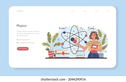 Physics school subject web banner or landing page. Students explore electricity, magnetism, light wave and forces. Theoretical and practical study. Physics course. Flat vector illustration