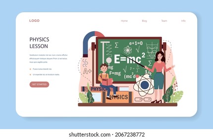 Physik Schule Fach Web-Banner oder Landing-Seite. Die Studenten erkunden Elektrizität, Magnetismus, Lichtwellen und Kräfte. Theoretisches und praktisches Studium. Einzelne Vektorgrafik