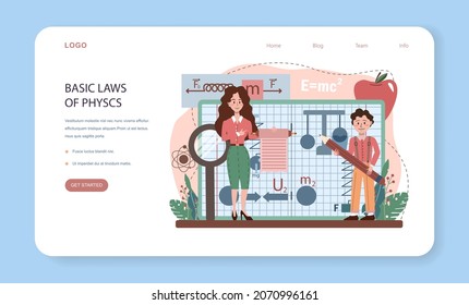 Physics school subject web banner or landing page. Students explore electricity, magnetism, light wave and forces. Theoretical and practical study. Isolated vector illustration