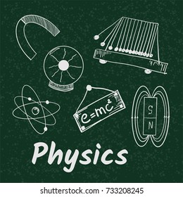 Physics school subjects, hand drawn vector illustration, doodle icons, images and objects, isolated on blackboard.