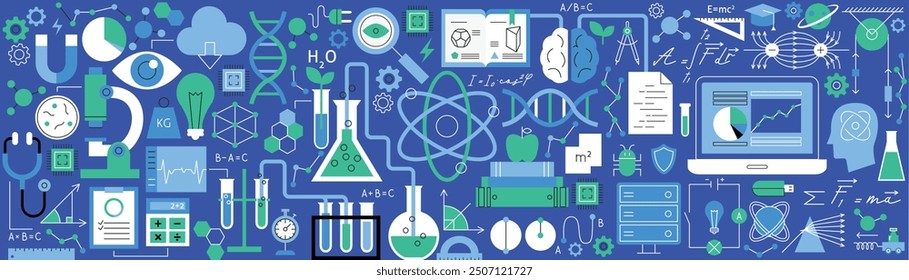 Physics Science Banner Concept. Vector Illustration of Solid Colorful and Outline Education Objects. Mechanics and Optics Sign. Chemistry and Nuclear Laboratory.
 