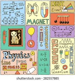 Physics Science Banners set. Color Hand Drawn Vector Illustrations.