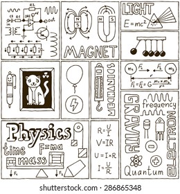 Physics Science Banners set. Hand Drawn Vector Illustrations.