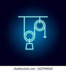 physics, science, block pulleys outline icon in neon style. elements of education illustration line icon. signs, symbols can be used for web, logo, mobile app, UI, UX