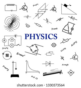 Physics science doodle handwriting and model icon оn white isolated background paper. used for school education and document decoration. vector