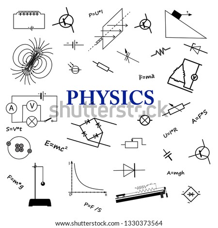 Physics science doodle handwriting and model icon оn white isolated background paper. used for school education and document decoration. vector