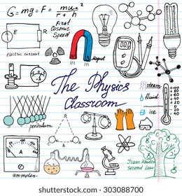 Physics and science elements doodles icons set. Hand drawn sketch with microscope, formulas, experiments equipment, analysis tools, magnet, pendulum, electricity, vector illustration, paper background