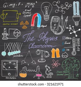 Physics and science elements doodles icons set. Hand drawn sketch with microscope, formulas, experiments equipment, analysis tools, magnet, pendulum, electricity, vector illustration, on chalkboard