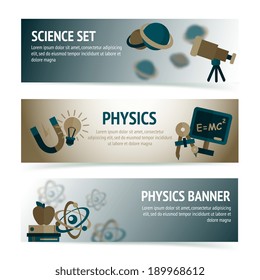 Physics science equipment school laboratory banners set isolated vector illustration