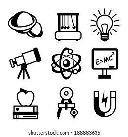 Physics science equipment teaching and studying black and white education icons set isolated vector illustration