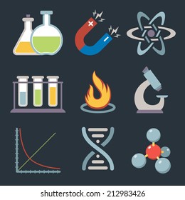 Physics science equipment teaching and studying education icons set isolated vector illustration.