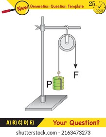 Physics, Science experiments on force and motion with pulley, next generation question template, dumb physics figures, exam question, eps