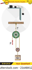 Physics, Science experiments on force and motion with pulley, pulley system for education, next generation question template, dumb physics figures, exam question, eps