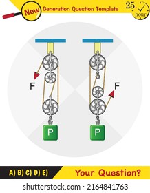 Physics, Science experiments on force and motion with pulley, pulley system for education, next generation question template, dumb physics figures, exam question, eps