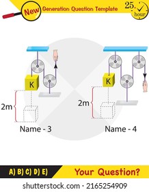 Physics, Science experiments on force and motion with pulley, Simple Machines, Springs, Pulleys, Gears, next generation question template, dumb physics figures, exam question, eps 