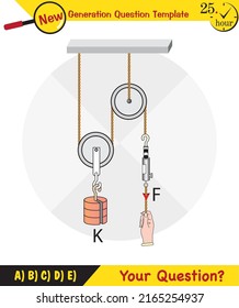 Physics, Science experiments on force and motion with pulley, Simple Machines, Springs, Pulleys, Gears, next generation question template, dumb physics figures, exam question, eps 