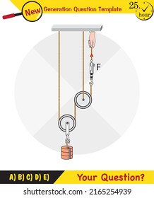 Physics, Science experiments on force and motion with pulley, Simple Machines, Springs, Pulleys, Gears, next generation question template, dumb physics figures, exam question, eps 