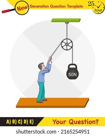 Physics, Science experiments on force and motion with pulley, Simple Machines, Springs, Pulleys, Gears, next generation question template, dumb physics figures, exam question, eps 