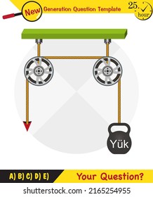 Physics, Science experiments on force and motion with pulley, Simple Machines, Springs, Pulleys, Gears, next generation question template, dumb physics figures, exam question, eps 