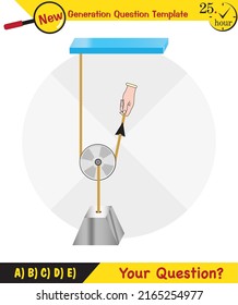 Physics, Science experiments on force and motion with pulley, Simple Machines, Springs, Pulleys, Gears, next generation question template, dumb physics figures, exam question, eps 