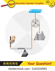 Physics, Science experiments on force and motion with pulley, Simple Machines, Springs, Pulleys, Gears, next generation question template, dumb physics figures, exam question, eps 