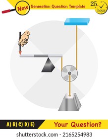 Physics, Science experiments on force and motion with pulley, Simple Machines, Springs, Pulleys, Gears, next generation question template, dumb physics figures, exam question, eps 