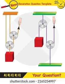 Physics, Science experiments on force and motion with pulley, Simple Machines, Springs, Pulleys, Gears, next generation question template, dumb physics figures, exam question, eps 