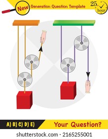 Physics, Science experiments on force and motion with pulley, Simple Machines, Springs, Pulleys, Gears, next generation question template, dumb physics figures, exam question, eps 