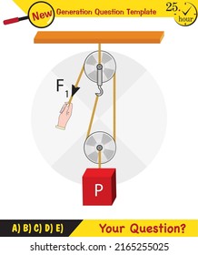 Physics, Science experiments on force and motion with pulley, Simple Machines, Springs, Pulleys, Gears, next generation question template, dumb physics figures, exam question, eps 
