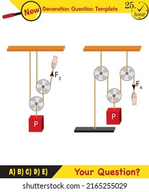 Physics, Science experiments on force and motion with pulley, Simple Machines, Springs, Pulleys, Gears, next generation question template, dumb physics figures, exam question, eps 