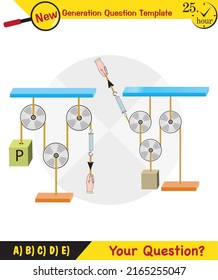 Physics, Science experiments on force and motion with pulley, Simple Machines, Springs, Pulleys, Gears, next generation question template, dumb physics figures, exam question, eps 
