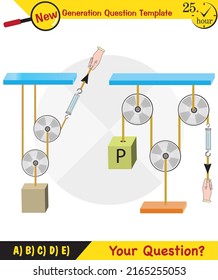 Physics, Science experiments on force and motion with pulley, Simple Machines, Springs, Pulleys, Gears, next generation question template, dumb physics figures, exam question, eps 