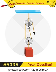 Physics, Science experiments on force and motion with pulley, Simple Machines, Springs, Pulleys, Gears, next generation question template, dumb physics figures, exam question, eps 