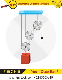 Physics, Science experiments on force and motion with pulley, Simple Machines, Springs, Pulleys, Gears, next generation question template, dumb physics figures, exam question, eps 