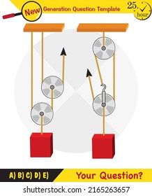 Physics, Science experiments on force and motion with pulley, Simple Machines, Springs, Pulleys, Gears, next generation question template, dumb physics figures, exam question, eps 