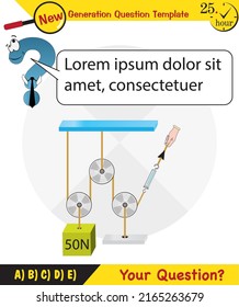 Physics, Science experiments on force and motion with pulley, Simple Machines, Springs, Pulleys, Gears, next generation question template, dumb physics figures, exam question, eps 